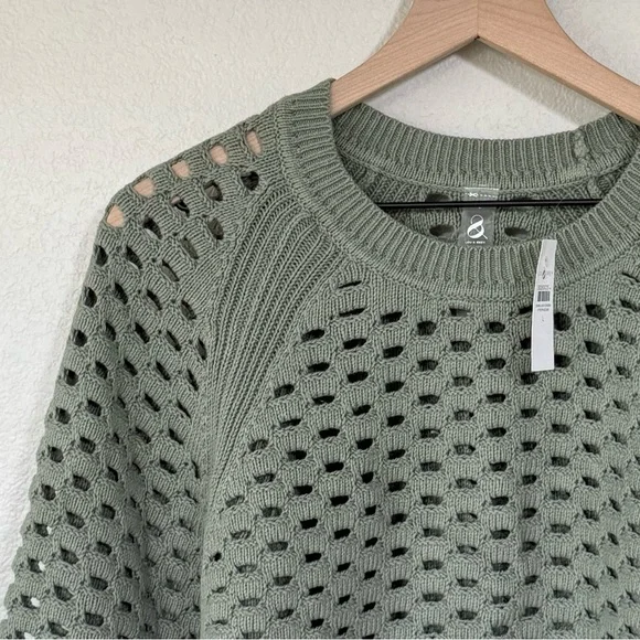 LOU & GREY NWT L Mesh Sweater • Open Knit Casual Crew Neck Pullover in Green - Picture 2 of 11